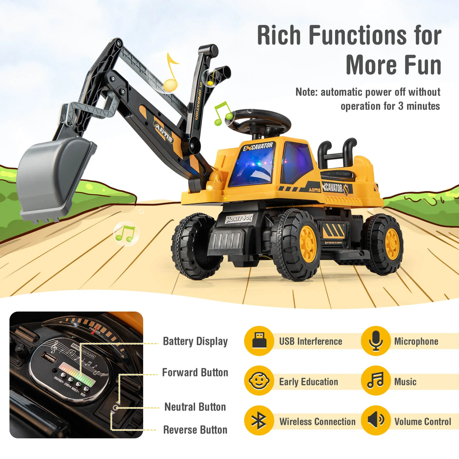 Kids ASTM Certificated Powered Ride On Bulldozer with Front Digger Shovel-Yellow - Image 6