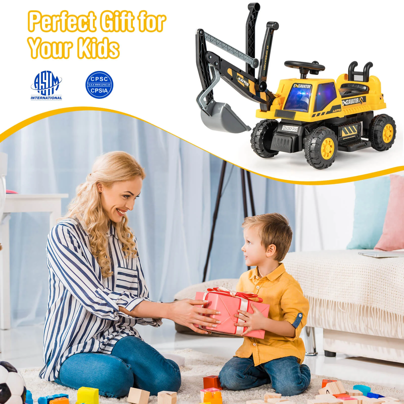 Kids ASTM Certificated Powered Ride On Bulldozer with Front Digger Shovel-Yellow - Image 8