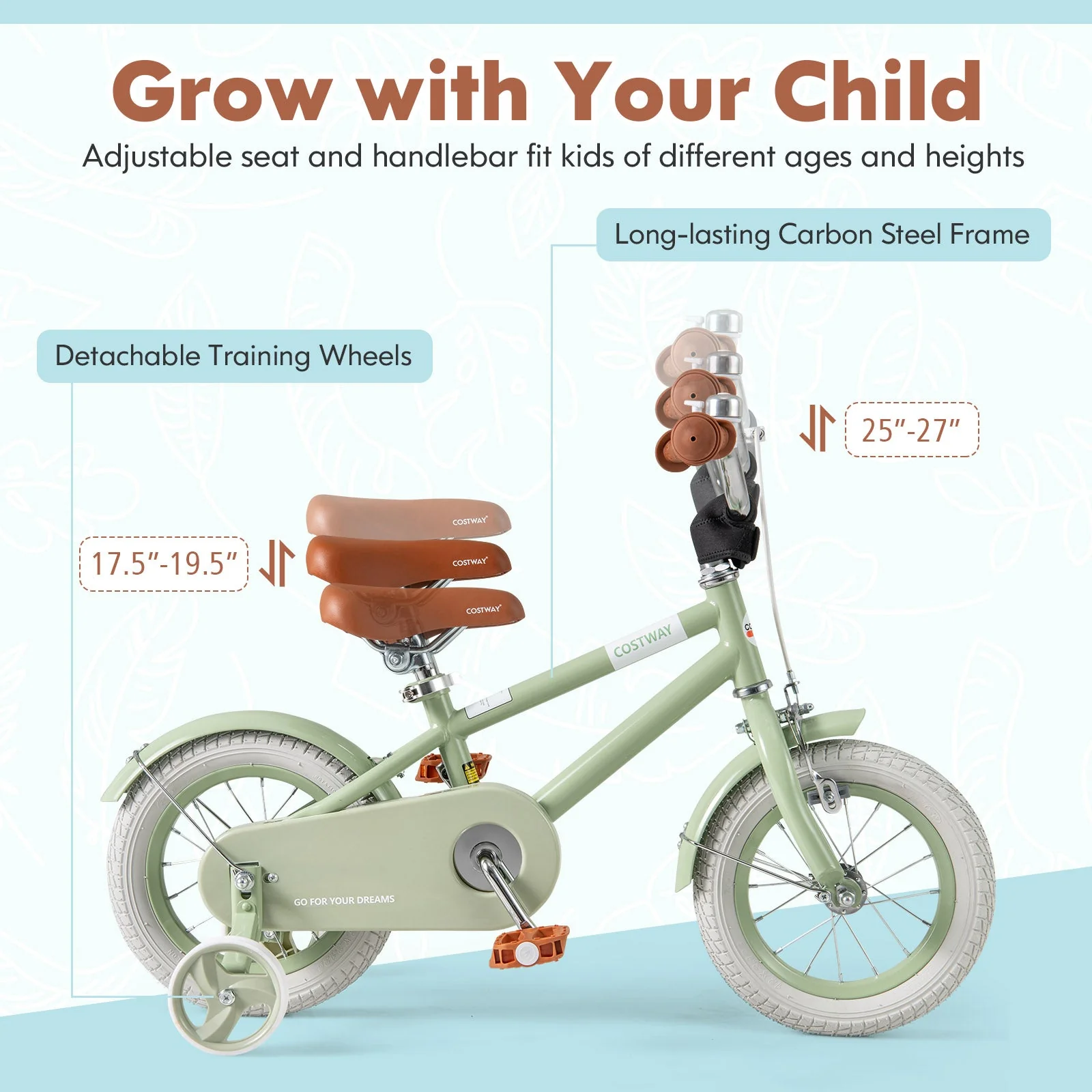 Kids Bike with Adjustable Handlebar and Saddle Green-12 Inches - Image 5