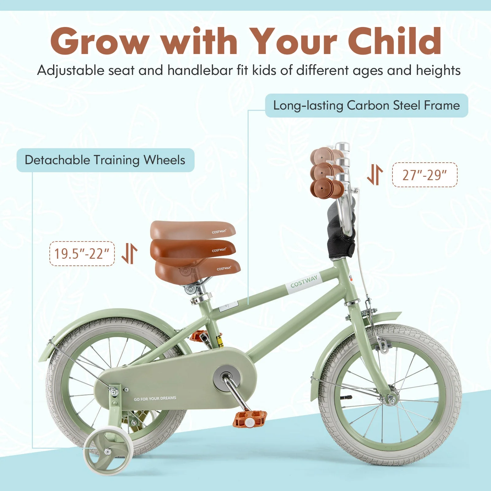 Kids Bike with Adjustable Handlebar and Saddle Green-14 Inches - Image 5
