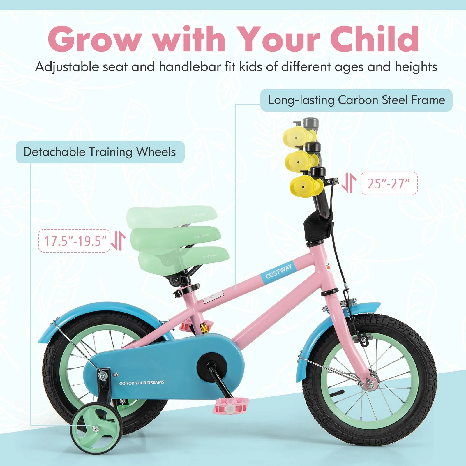 Kids Bike with Adjustable Handlebar and Saddle Pink-12 Inches - Image 7