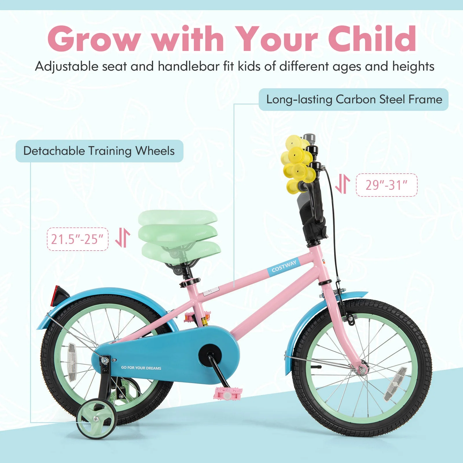 Kids Bike with Adjustable Handlebar and Saddle Pink-16 Inches - Image 5