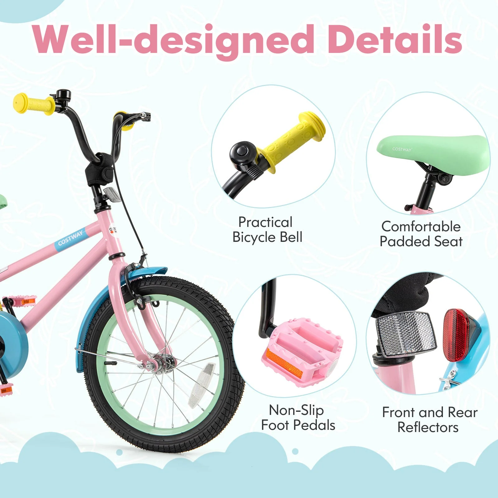 Kids Bike with Adjustable Handlebar and Saddle Pink-16 Inches - Image 7