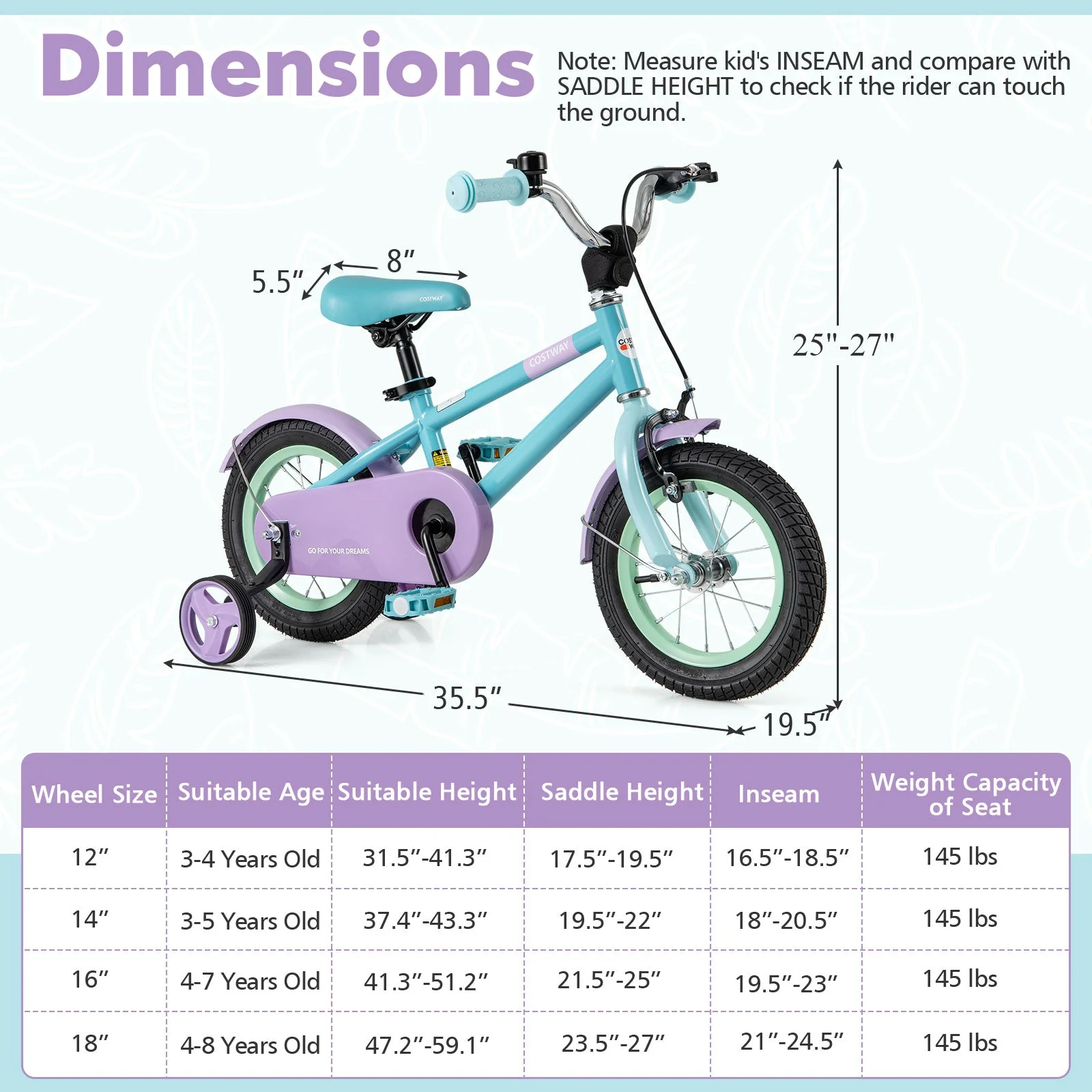 Kids Bike with Adjustable Handlebar and Saddle Purple-12 Inches - Image 4