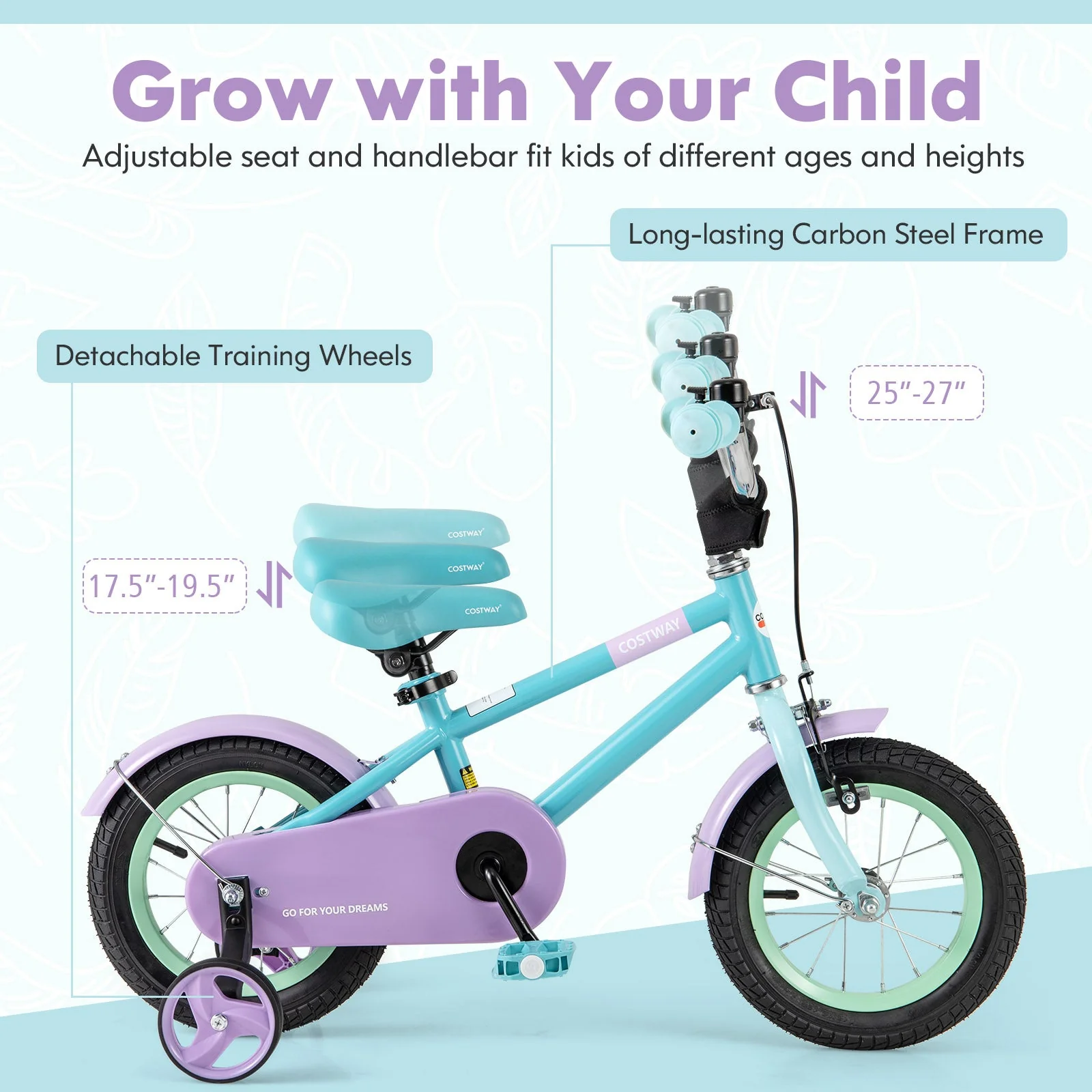 Kids Bike with Adjustable Handlebar and Saddle Purple-12 Inches - Image 6