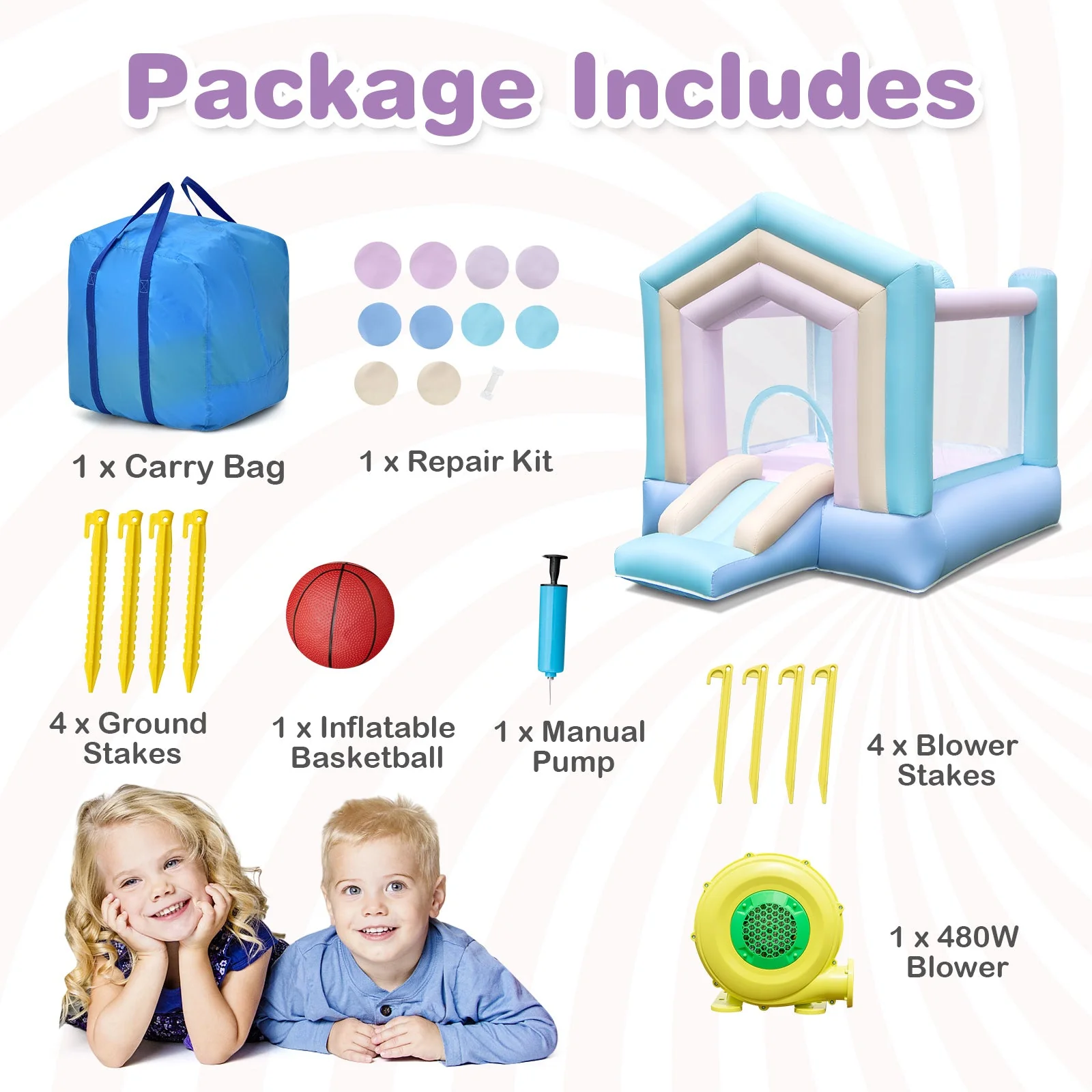 Kids Bounce House with Slide and Basketball Rim Bouncy Castle for Party with 480W Blower - Image 6