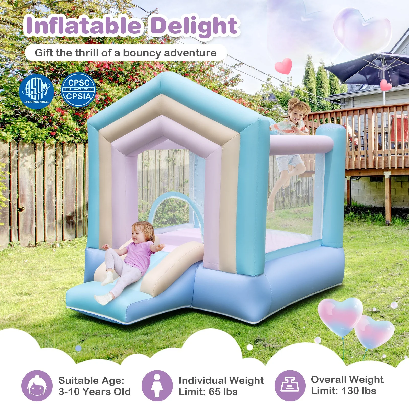 Kids Bounce House with Slide and Basketball Rim Bouncy Castle for Party without Blower - Image 5