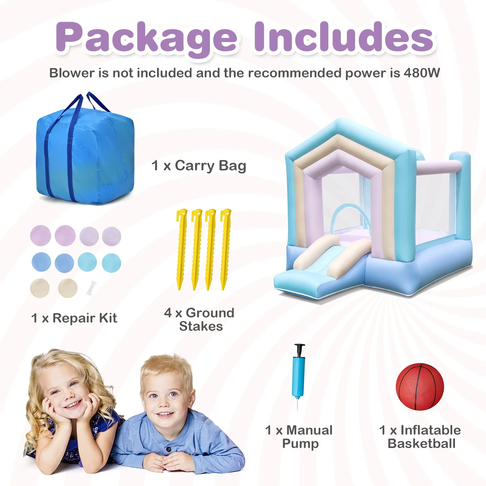 Kids Bounce House with Slide and Basketball Rim Bouncy Castle for Party without Blower - Image 6
