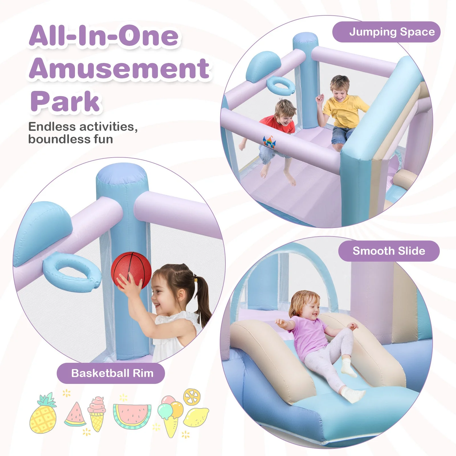 Kids Bounce House with Slide and Basketball Rim Bouncy Castle for Party without Blower - Image 7