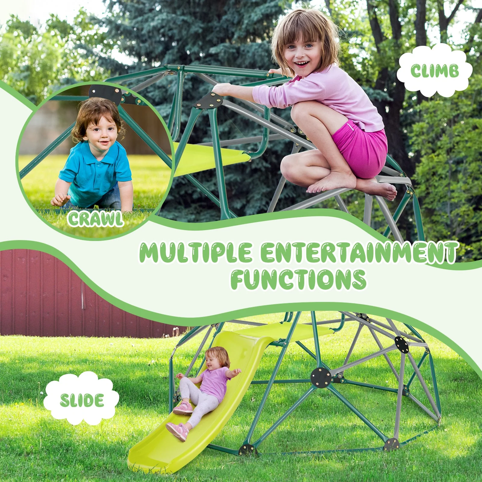 Kids Climbing Dome with Slide and Fabric Cushion for Garden Yard-Green - Image 2