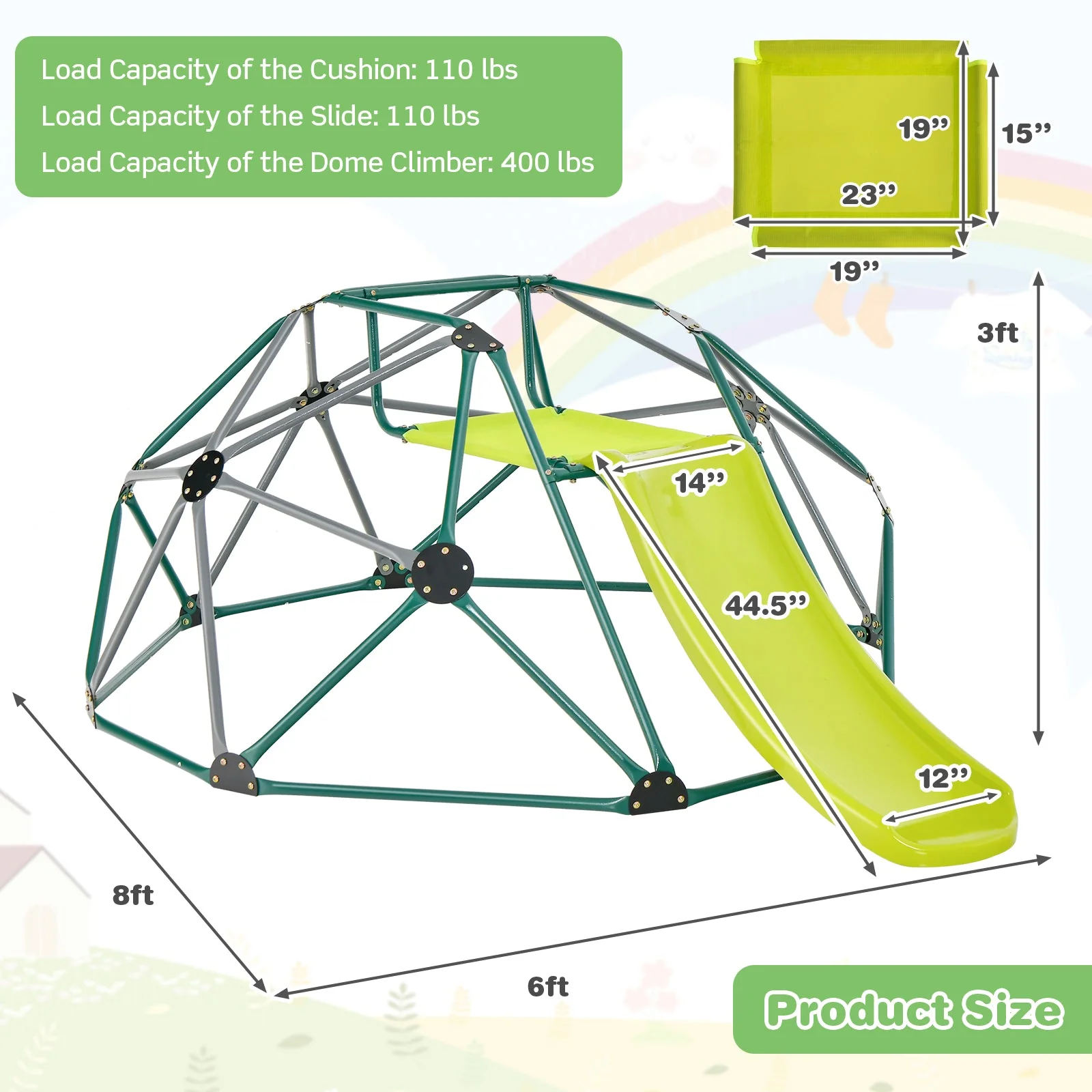 Kids Climbing Dome with Slide and Fabric Cushion for Garden Yard-Green - Image 5