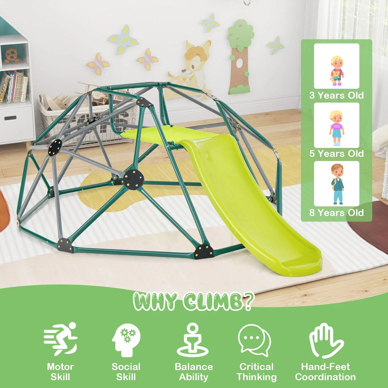 Kids Climbing Dome with Slide and Fabric Cushion for Garden Yard-Green - Image 8