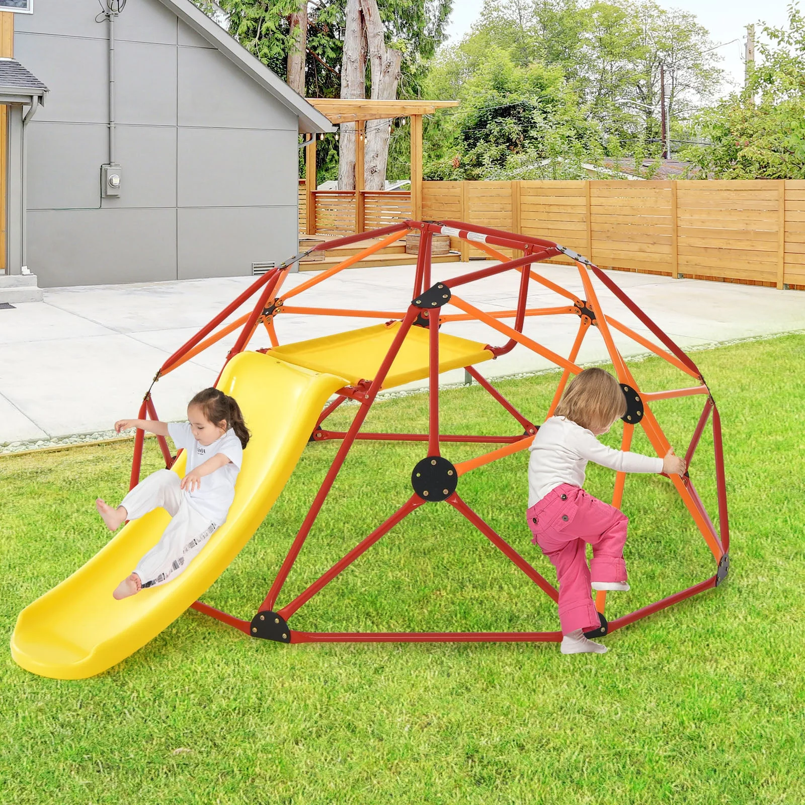 Kids Climbing Dome with Slide and Fabric Cushion for Garden Yard-Orange - Image 2