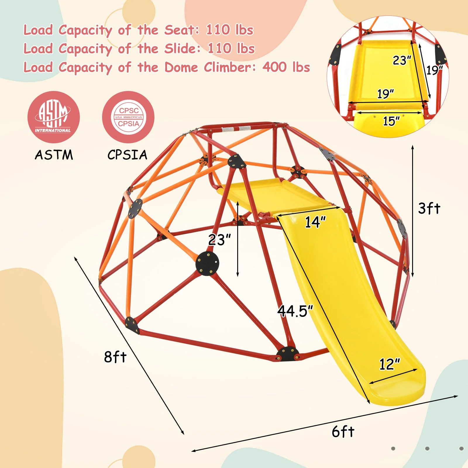 Kids Climbing Dome with Slide and Fabric Cushion for Garden Yard-Orange - Image 5