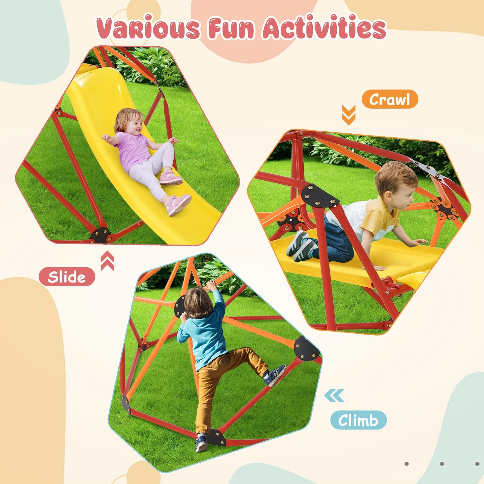 Kids Climbing Dome with Slide and Fabric Cushion for Garden Yard-Orange - Image 6