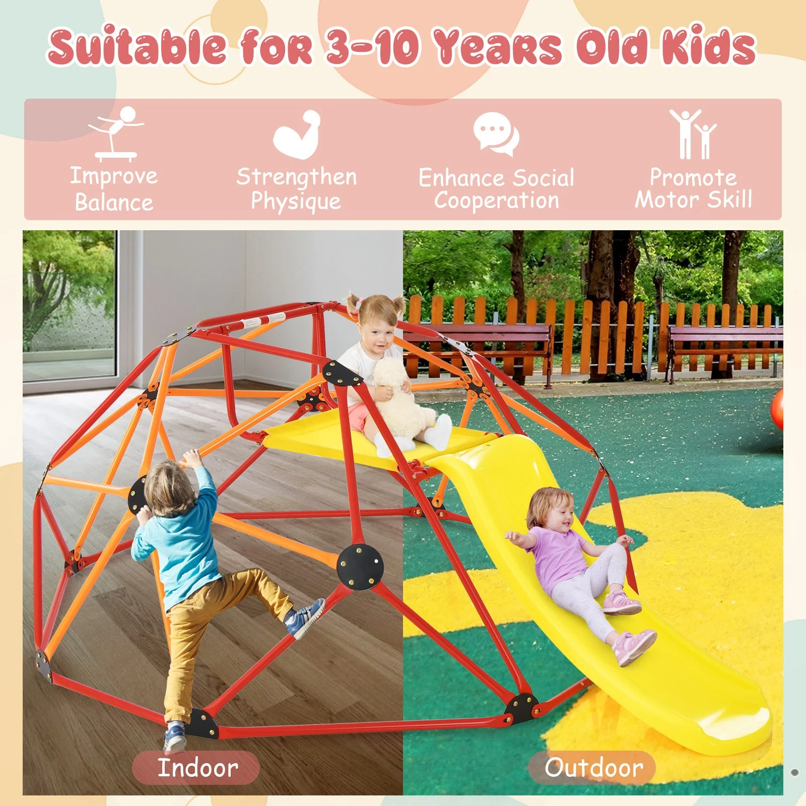 Kids Climbing Dome with Slide and Fabric Cushion for Garden Yard-Orange - Image 7