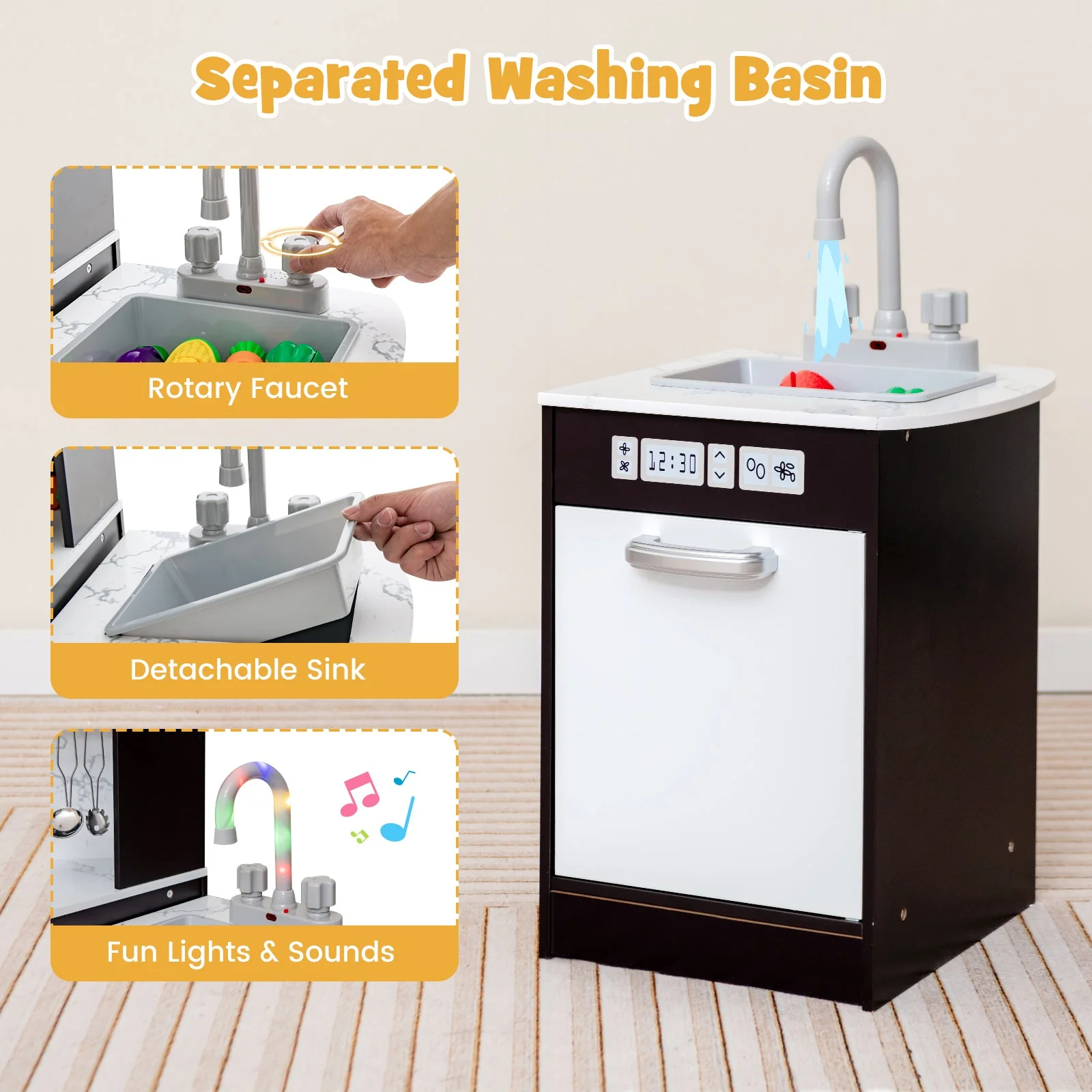Kids Corner Pretend Kitchen Playset with Separated Washing Basin-Coffee - Image 5