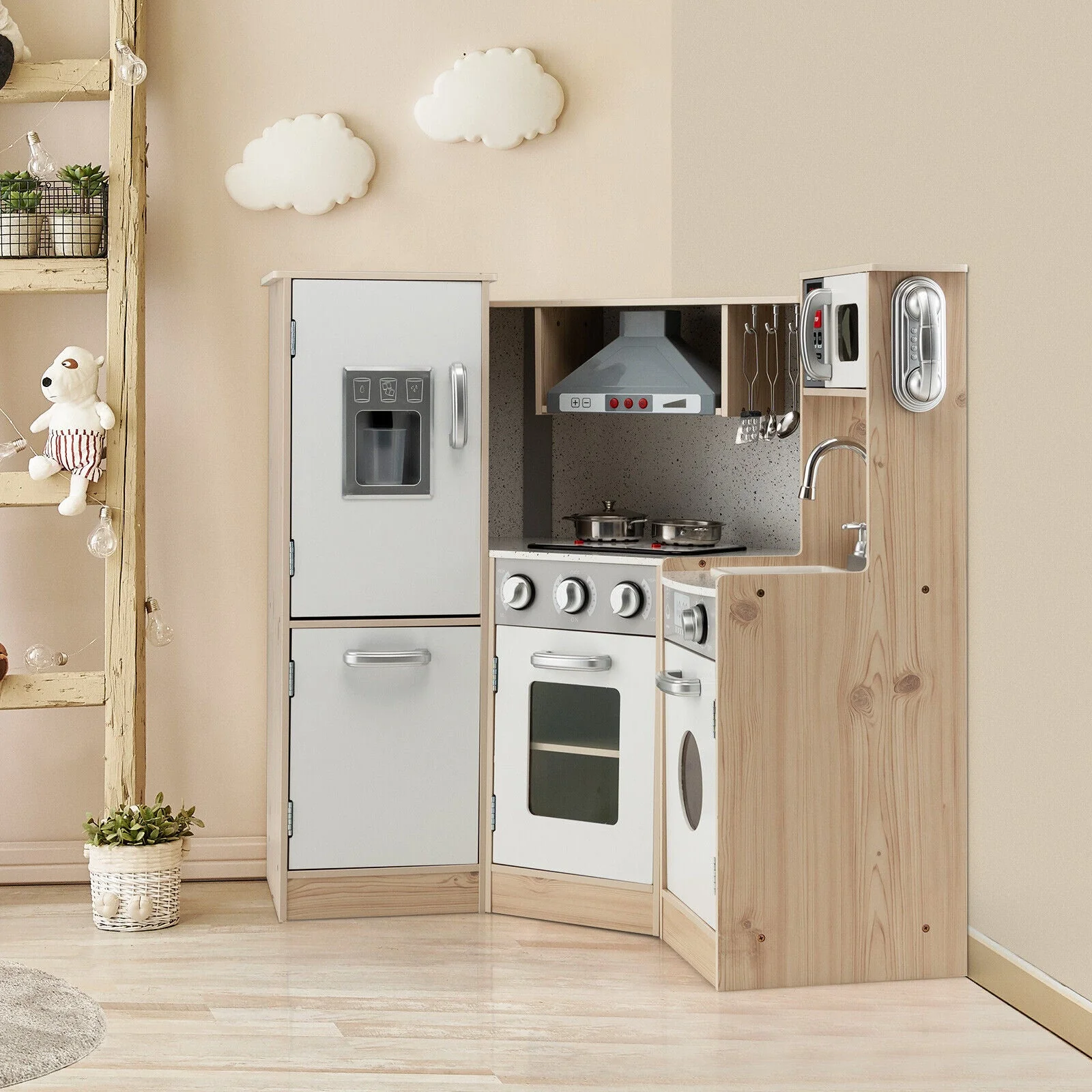 Kids Corner Wooden Kitchen Playset with Cookware Accessories - Image 2