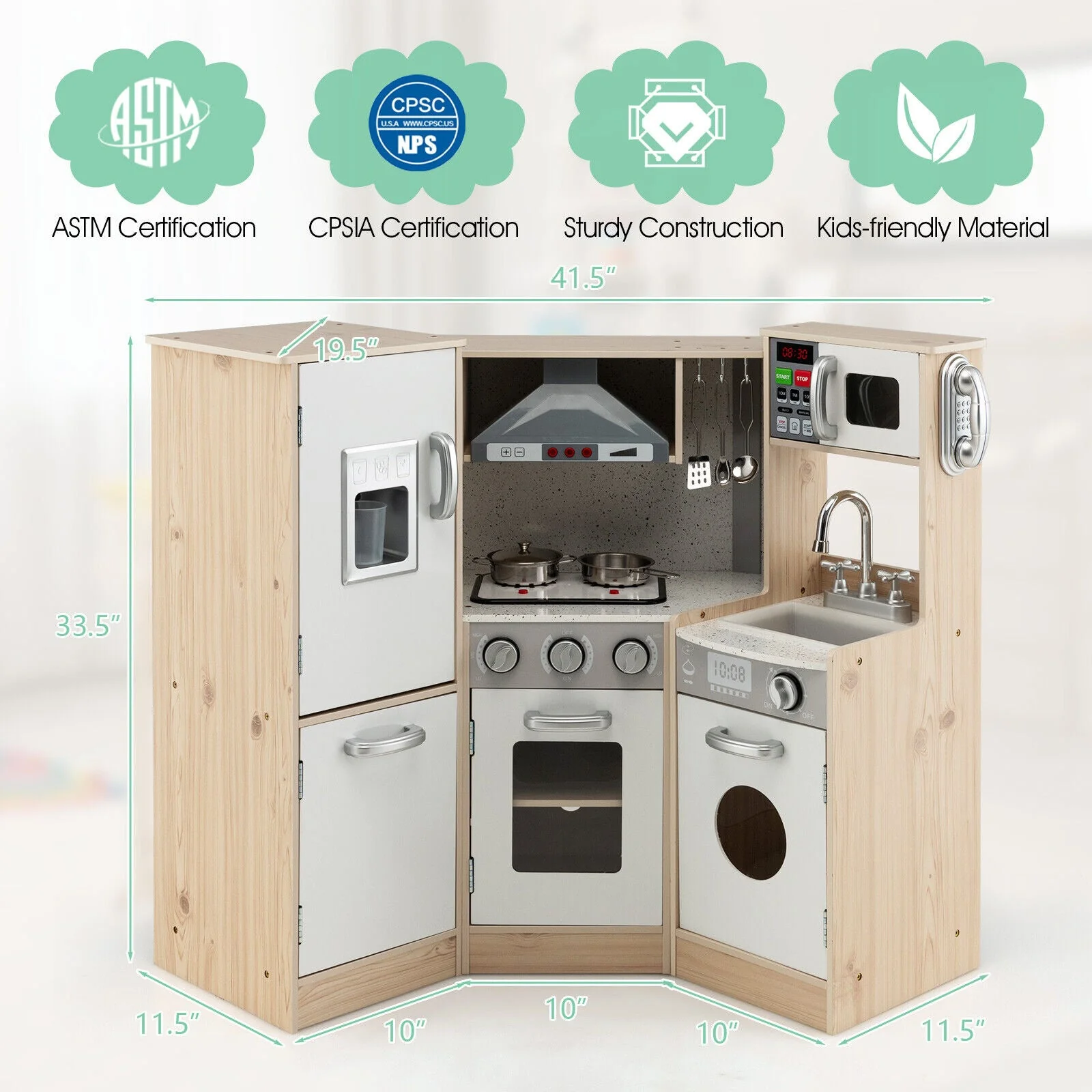 Kids Corner Wooden Kitchen Playset with Cookware Accessories - Image 4