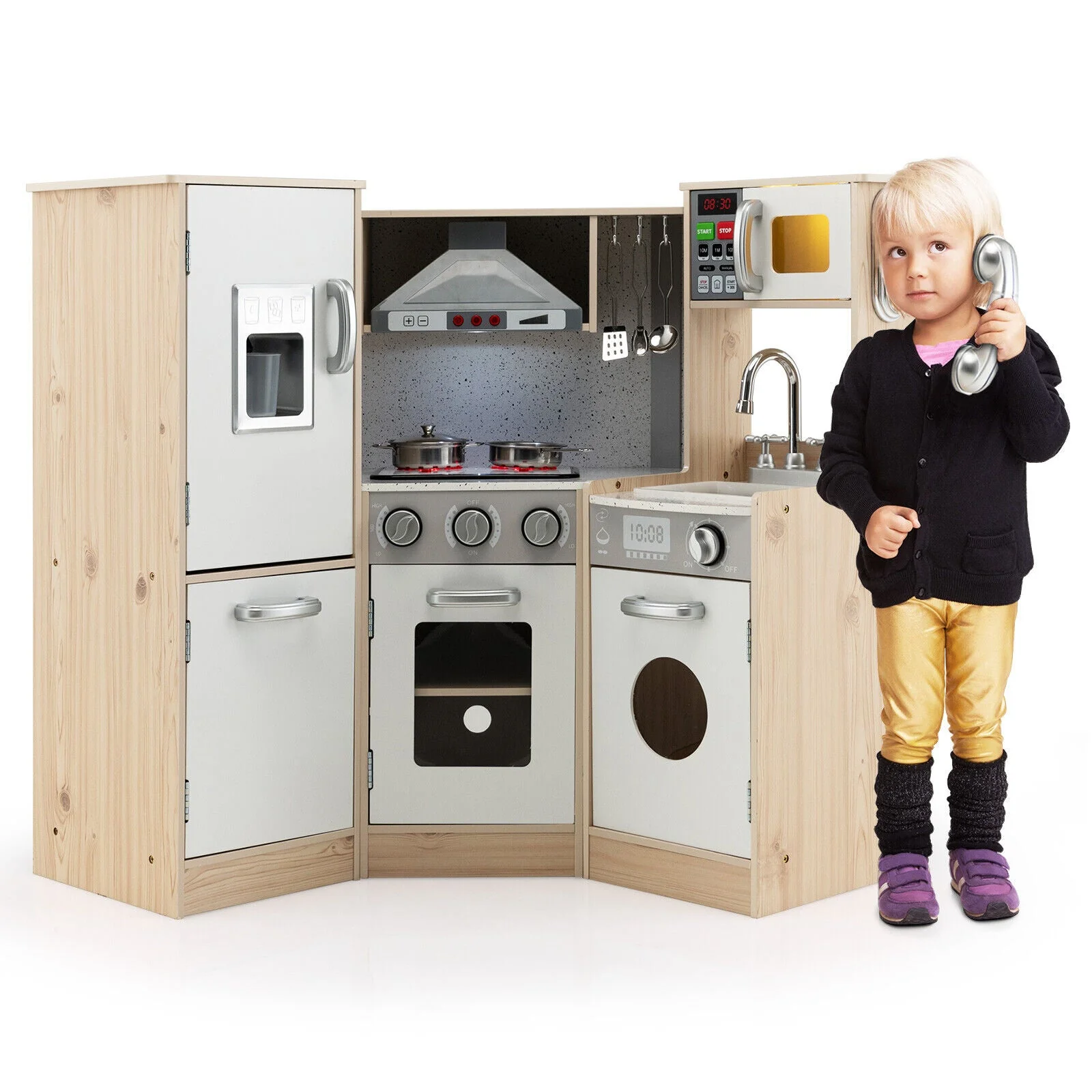 Kids Corner Wooden Kitchen Playset with Cookware Accessories - Image 5
