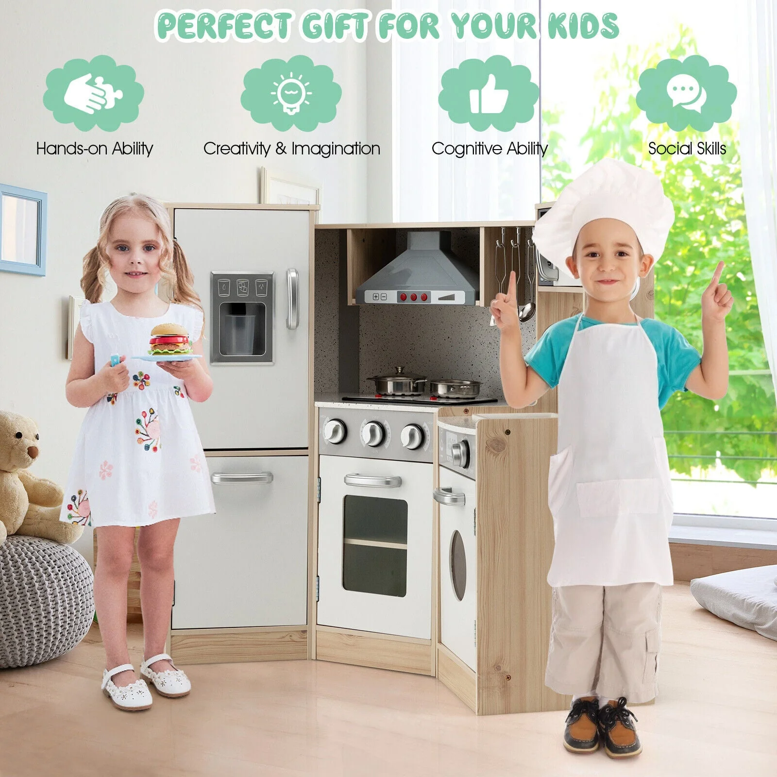 Kids Corner Wooden Kitchen Playset with Cookware Accessories - Image 6