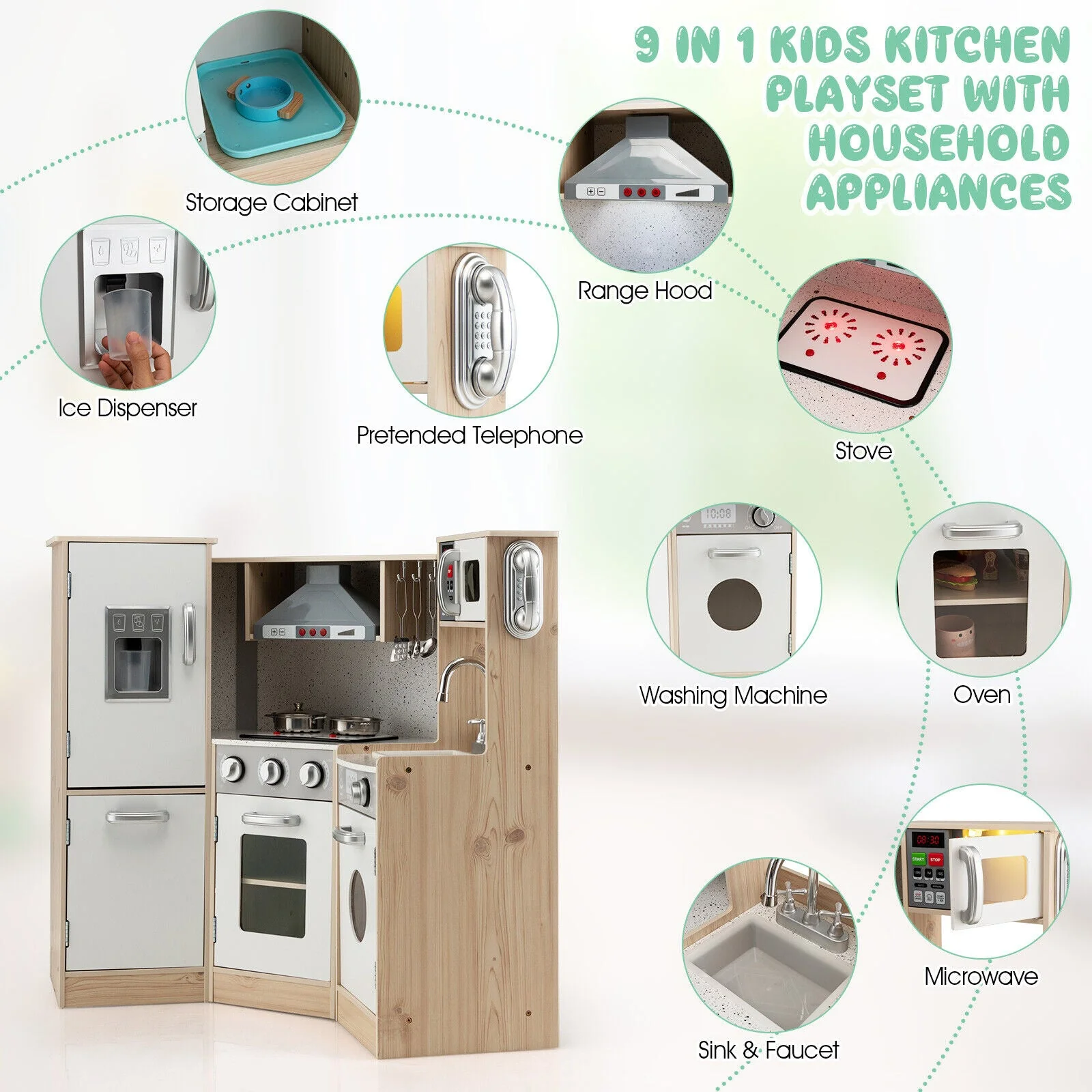 Kids Corner Wooden Kitchen Playset with Cookware Accessories - Image 8