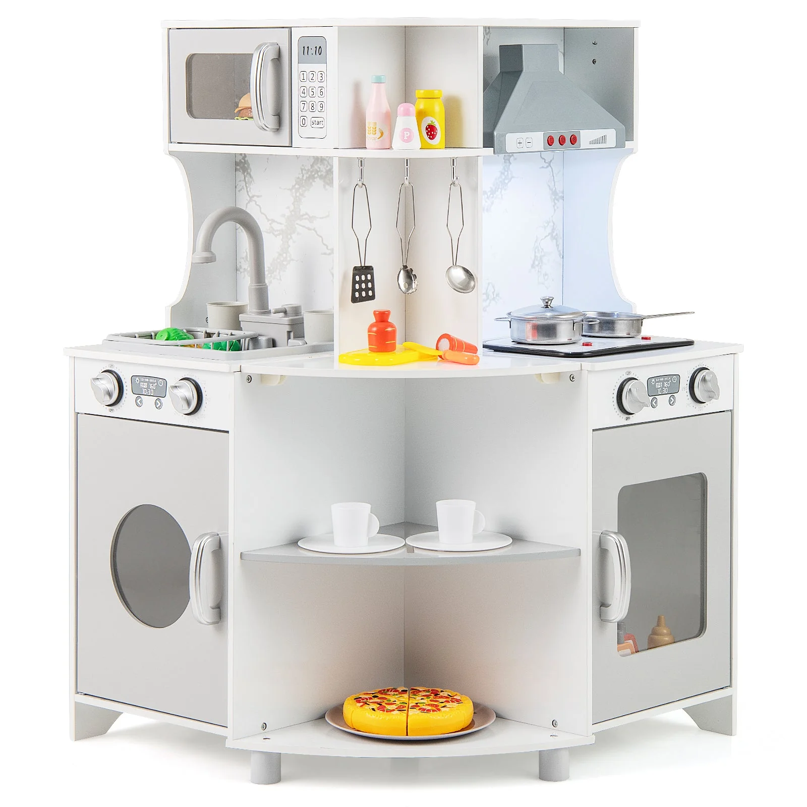 Kids Corner Wooden Play Kitchen with Range Hood and Stoves-Gray - Image 2