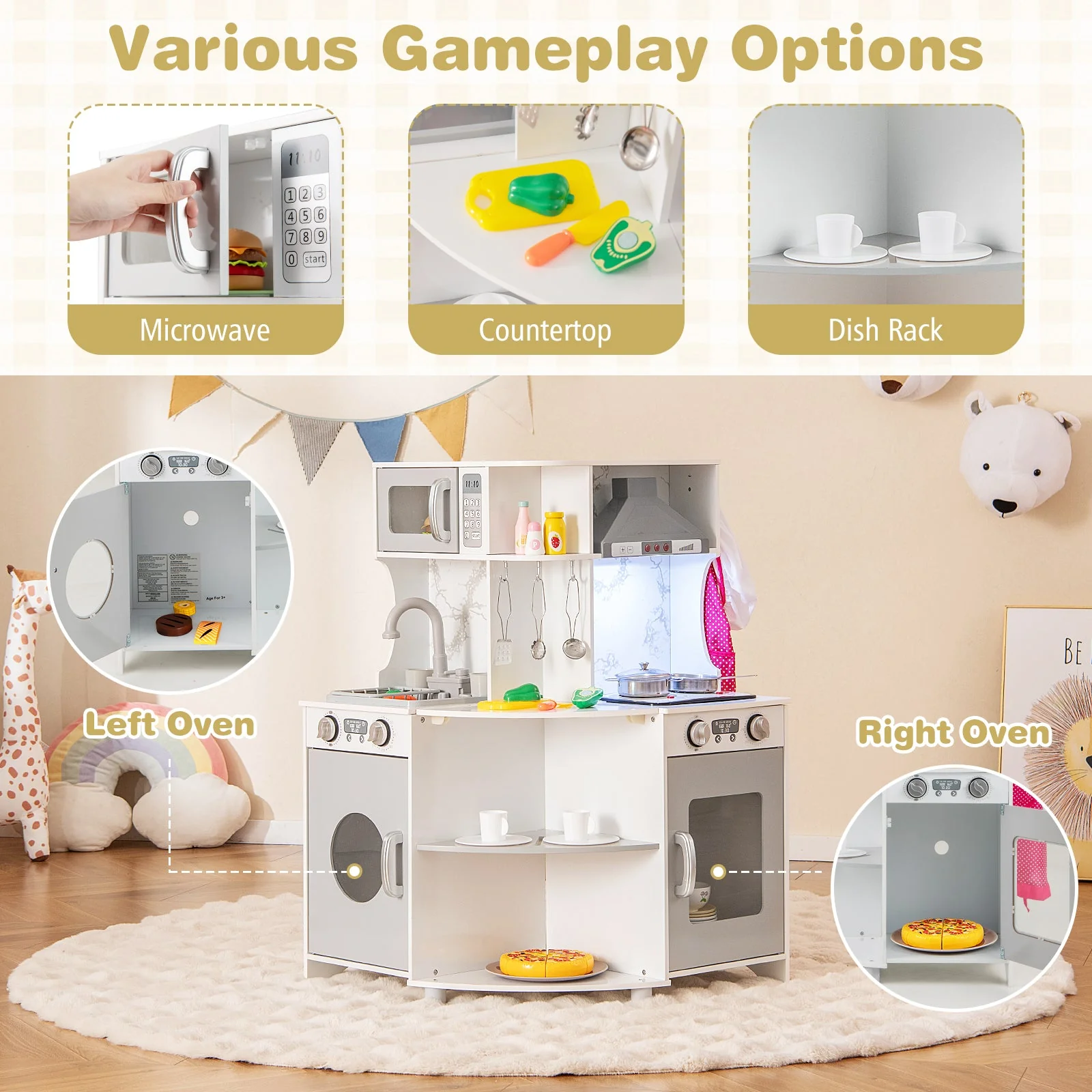 Kids Corner Wooden Play Kitchen with Range Hood and Stoves-Gray - Image 4