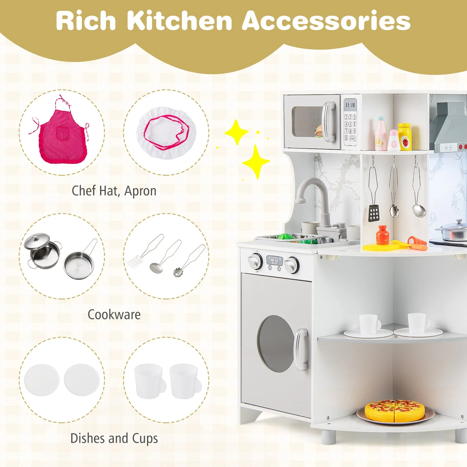 Kids Corner Wooden Play Kitchen with Range Hood and Stoves-Gray - Image 7