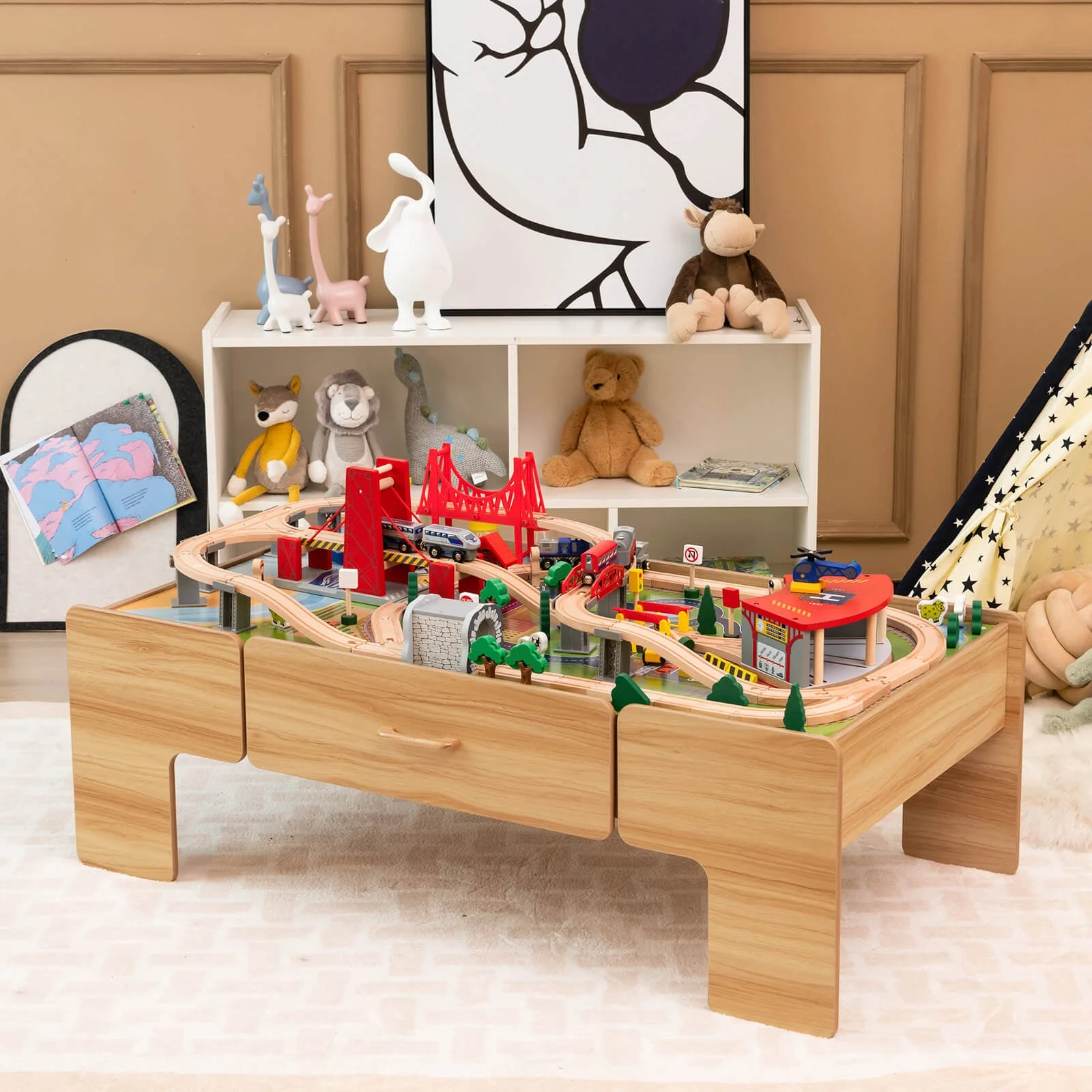 Kids Double-Sided Wooden Train Table Playset with Storage Drawer - Image 2