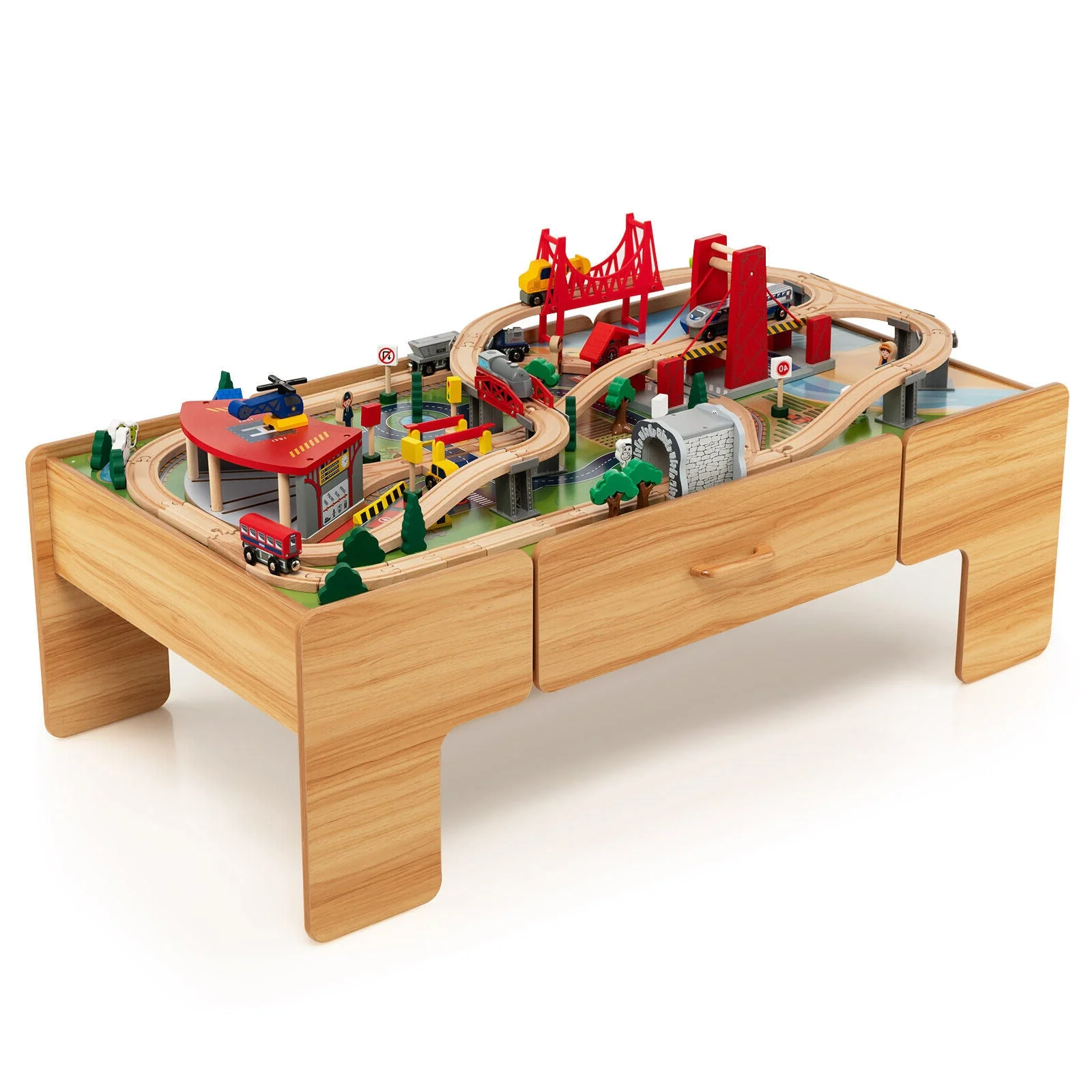 Kids Double-Sided Wooden Train Table Playset with Storage Drawer - Image 3