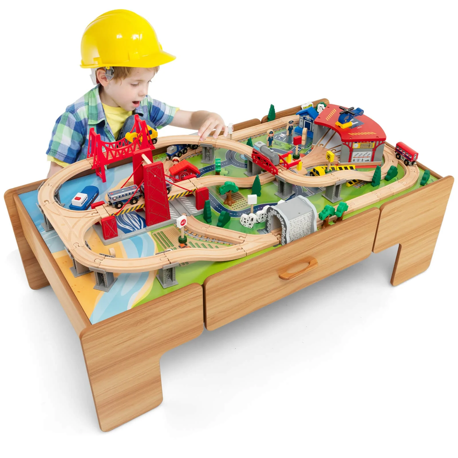 Kids Double-Sided Wooden Train Table Playset with Storage Drawer - Image 4