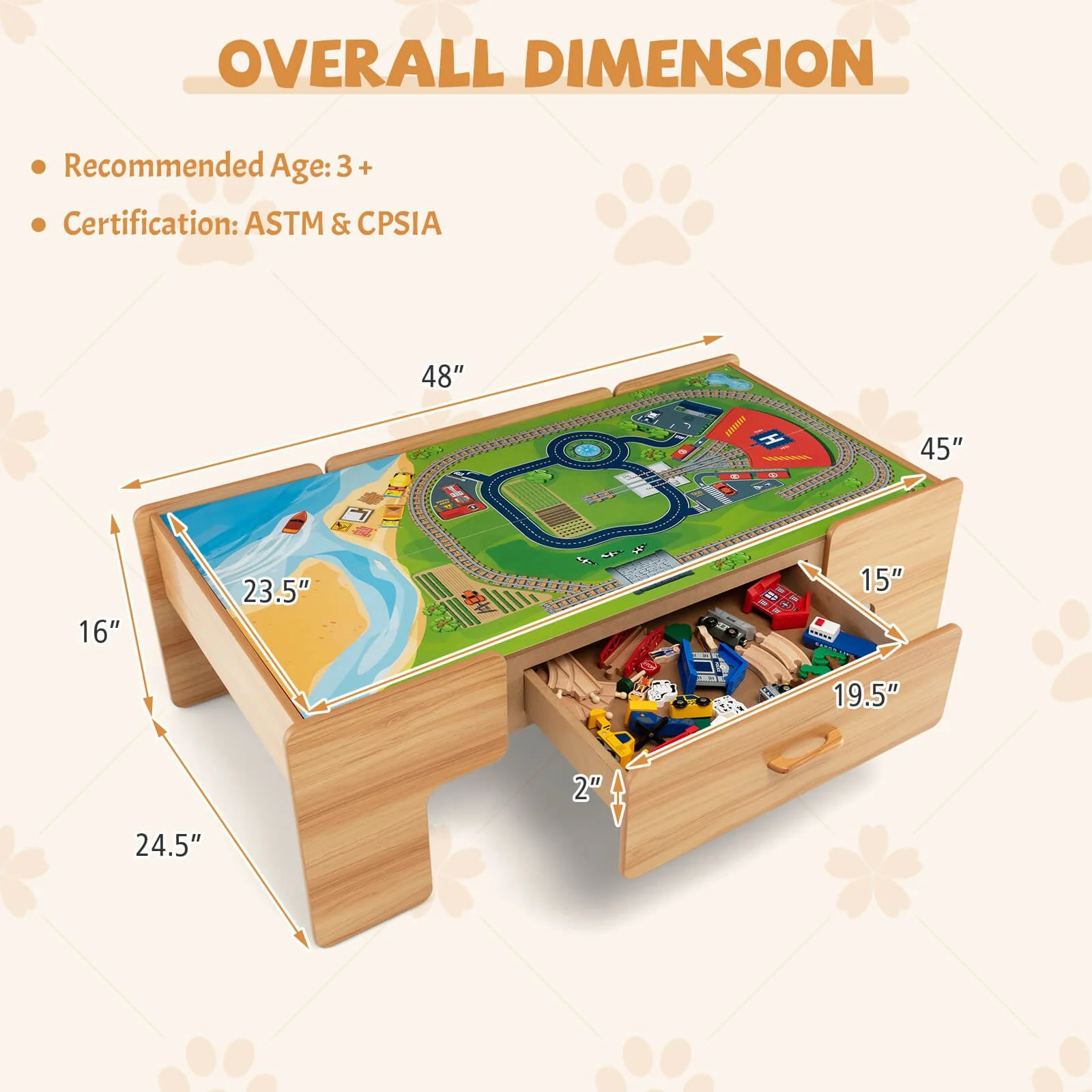 Kids Double-Sided Wooden Train Table Playset with Storage Drawer - Image 5