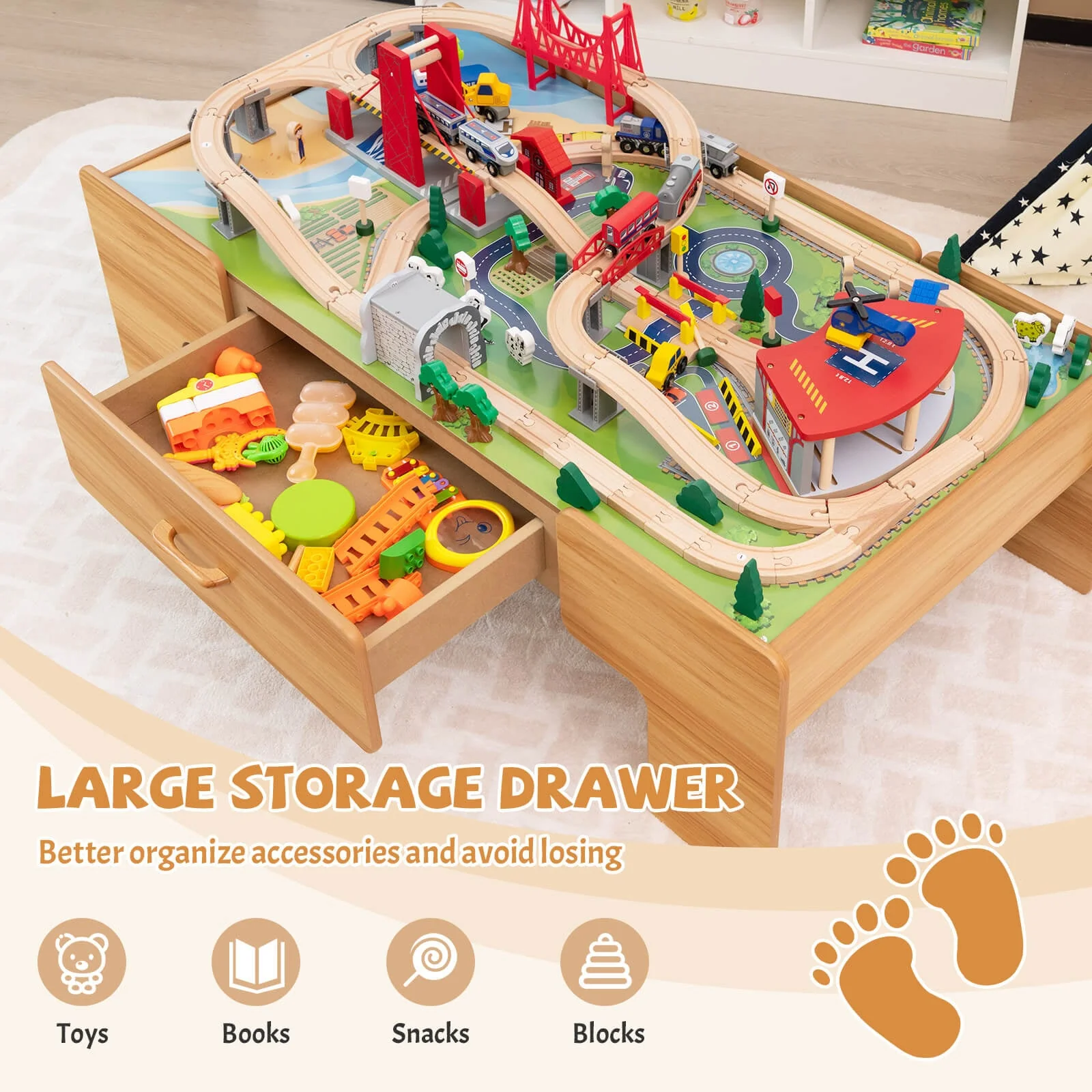 Kids Double-Sided Wooden Train Table Playset with Storage Drawer - Image 6