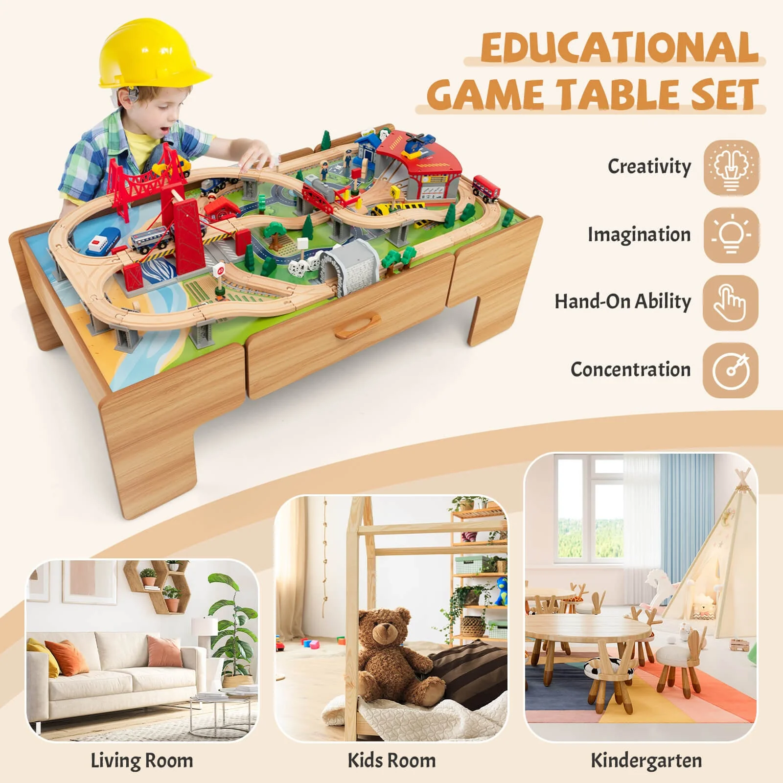 Kids Double-Sided Wooden Train Table Playset with Storage Drawer - Image 7