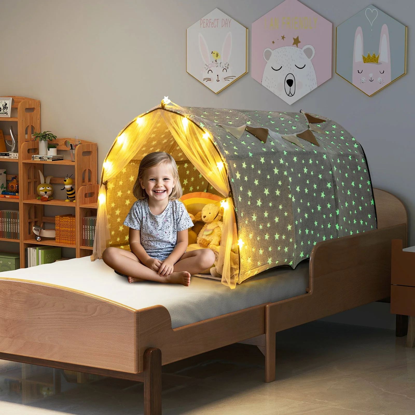 Kids Dream Bed Tent Twin Bunk Bed with Glow in the Dark Stars and Lights-Gray - Image 2