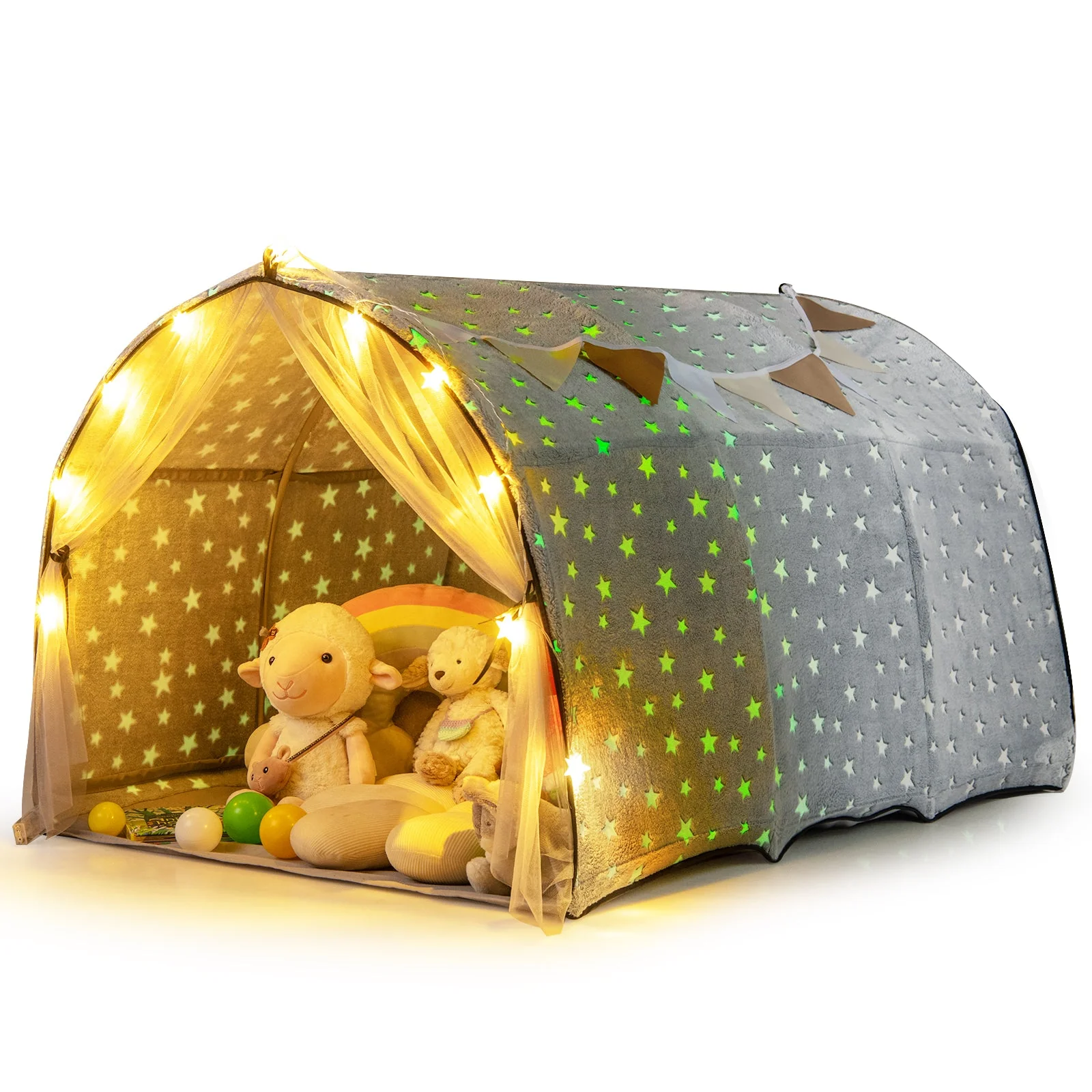 Kids Dream Bed Tent Twin Bunk Bed with Glow in the Dark Stars and Lights-Gray - Image 3