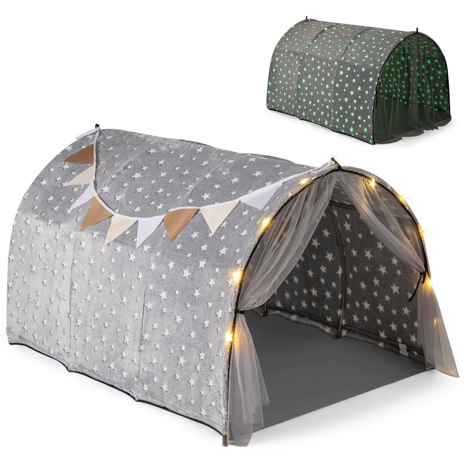 Kids Dream Bed Tent Twin Bunk Bed with Glow in the Dark Stars and Lights-Gray - Image 4