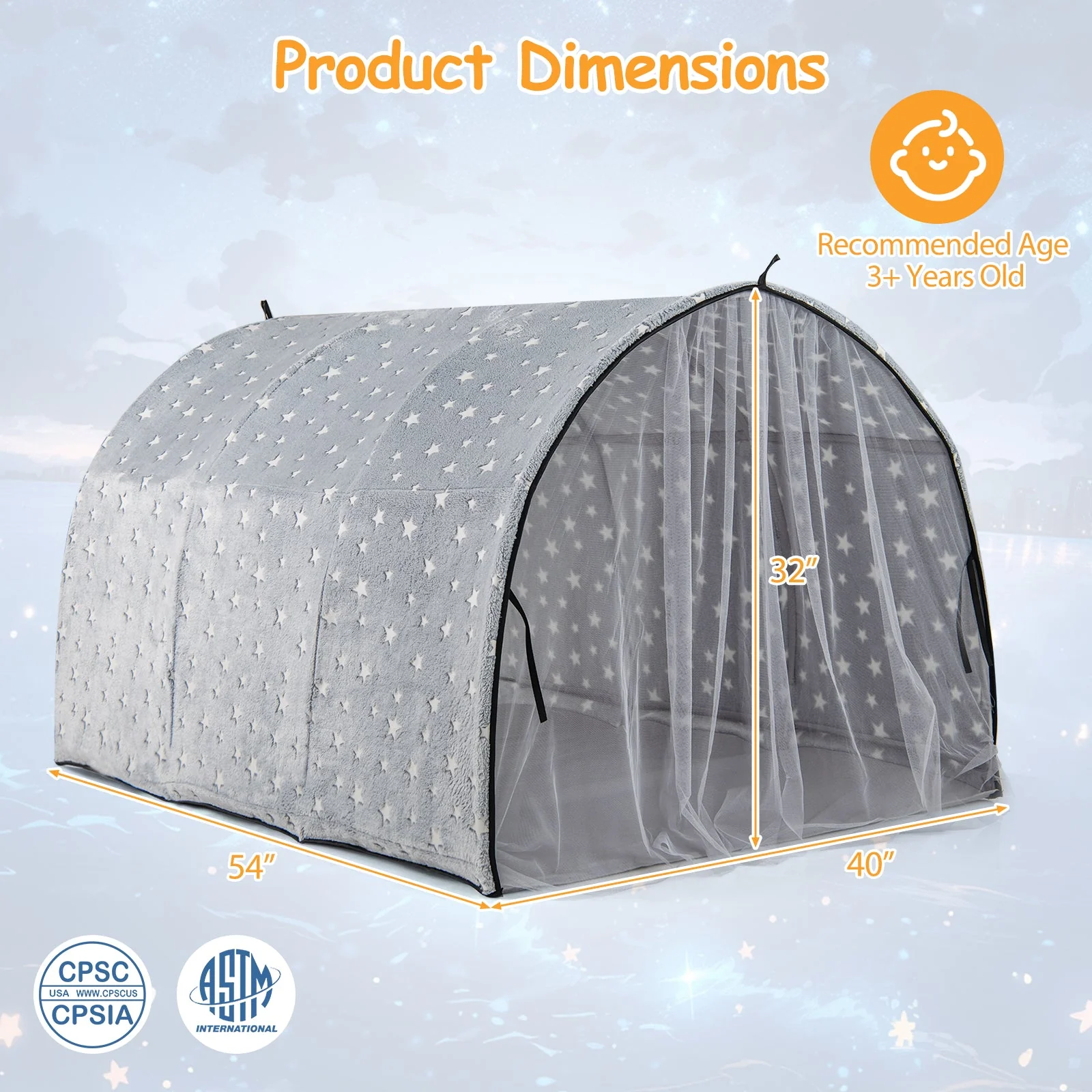 Kids Dream Bed Tent Twin Bunk Bed with Glow in the Dark Stars and Lights-Gray - Image 5