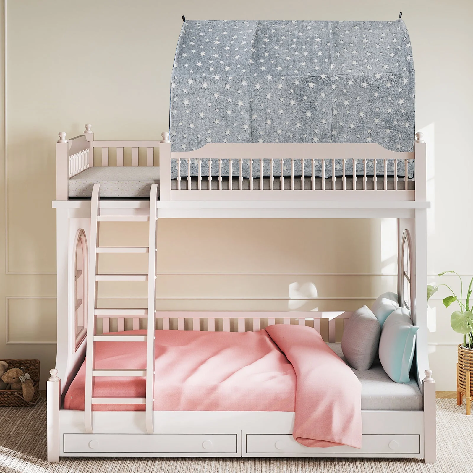 Kids Dream Bed Tent Twin Bunk Bed with Glow in the Dark Stars and Lights-Gray - Image 6