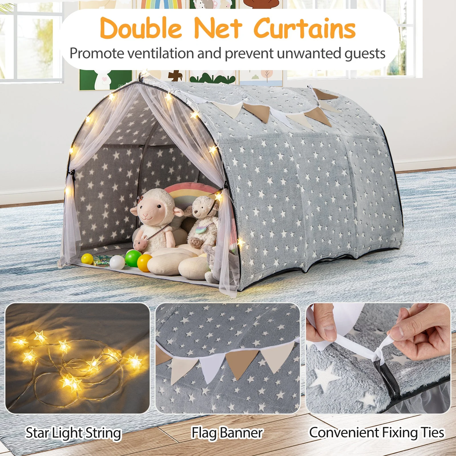 Kids Dream Bed Tent Twin Bunk Bed with Glow in the Dark Stars and Lights-Gray - Image 7