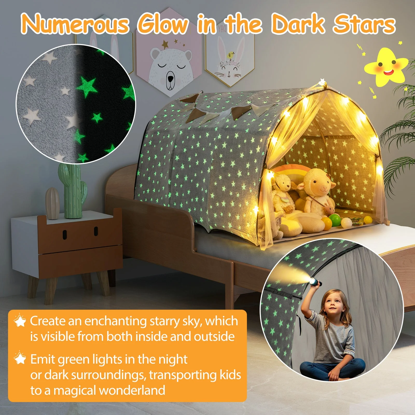 Kids Dream Bed Tent Twin Bunk Bed with Glow in the Dark Stars and Lights-Gray - Image 8