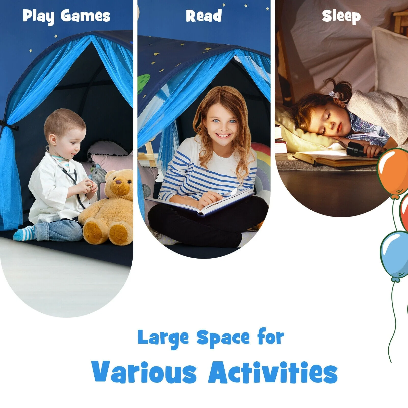 Kids Galaxy Starry Sky Dream Portable Play Tent with Double Net Curtain-Blue - Image 2