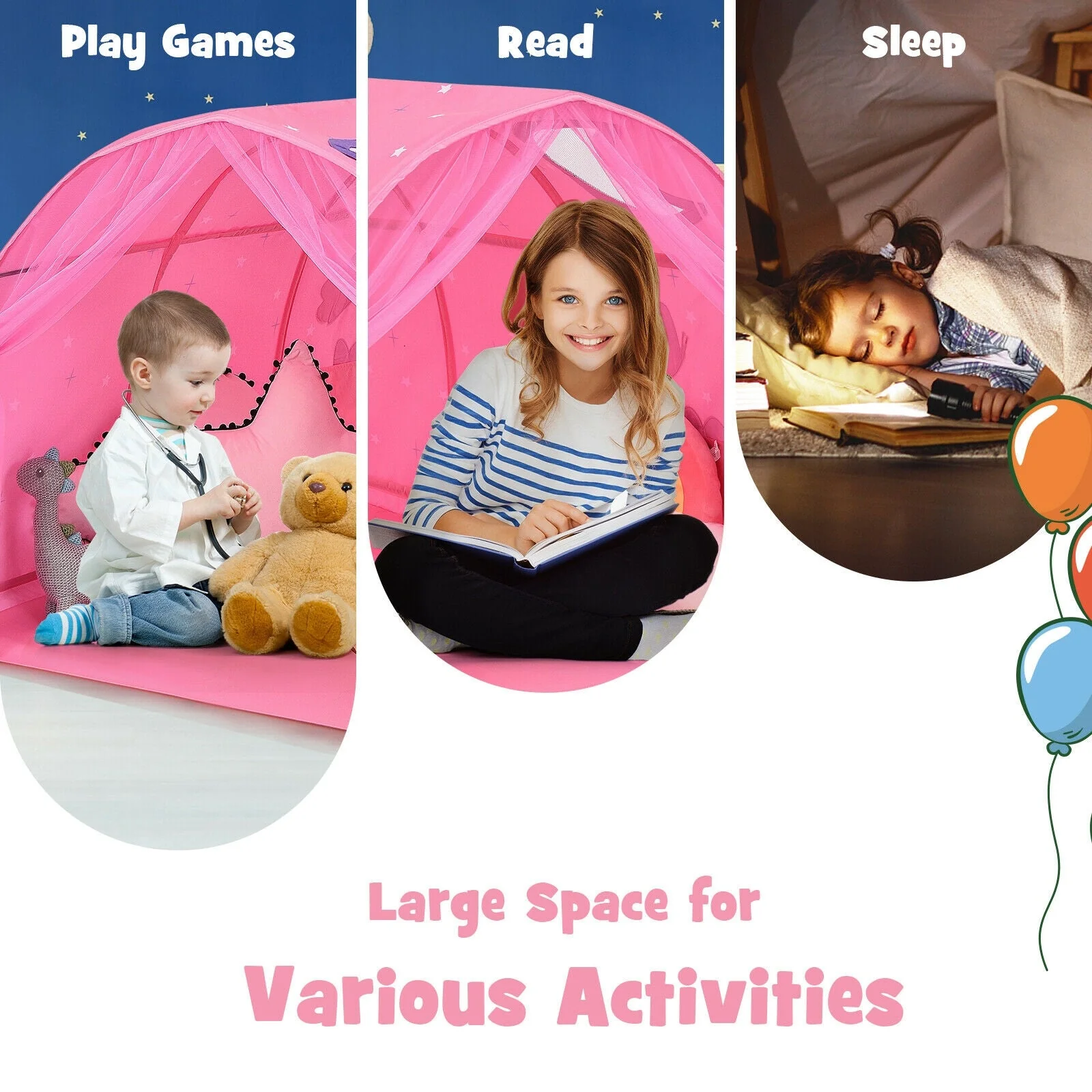 Kids Galaxy Starry Sky Dream Portable Play Tent with Double Net Curtain-Pink - Image 2