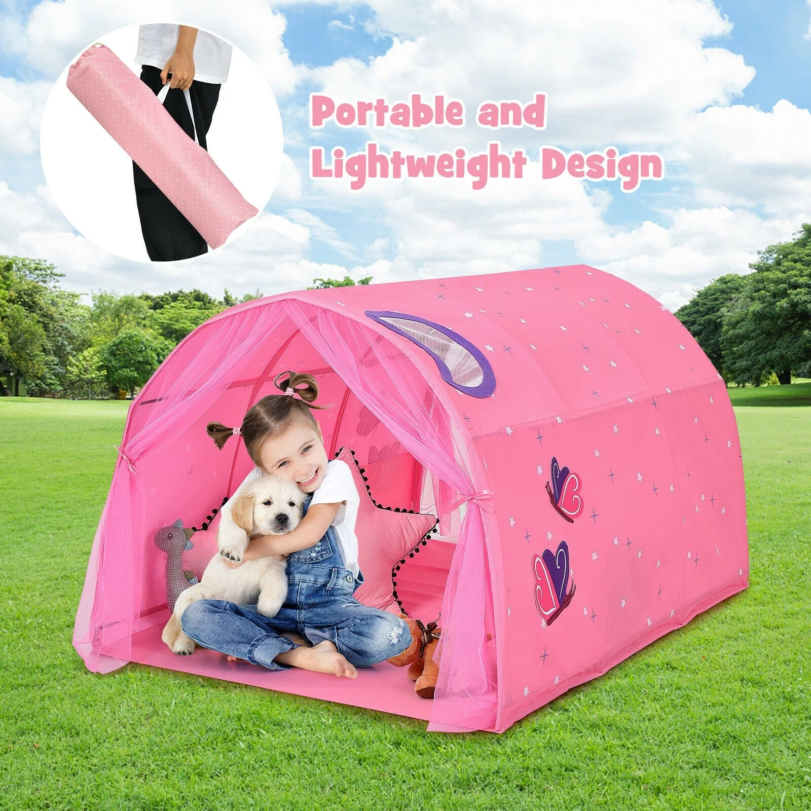 Kids Galaxy Starry Sky Dream Portable Play Tent with Double Net Curtain-Pink - Image 8