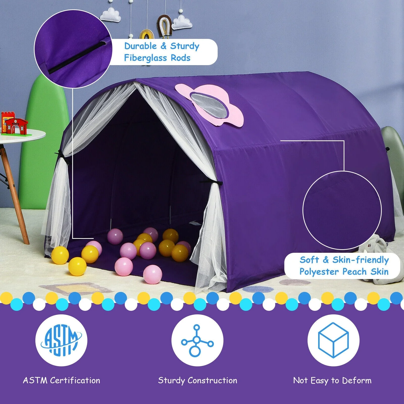 Kids Galaxy Starry Sky Dream Portable Play Tent with Double Net Curtain-Purple - Image 2