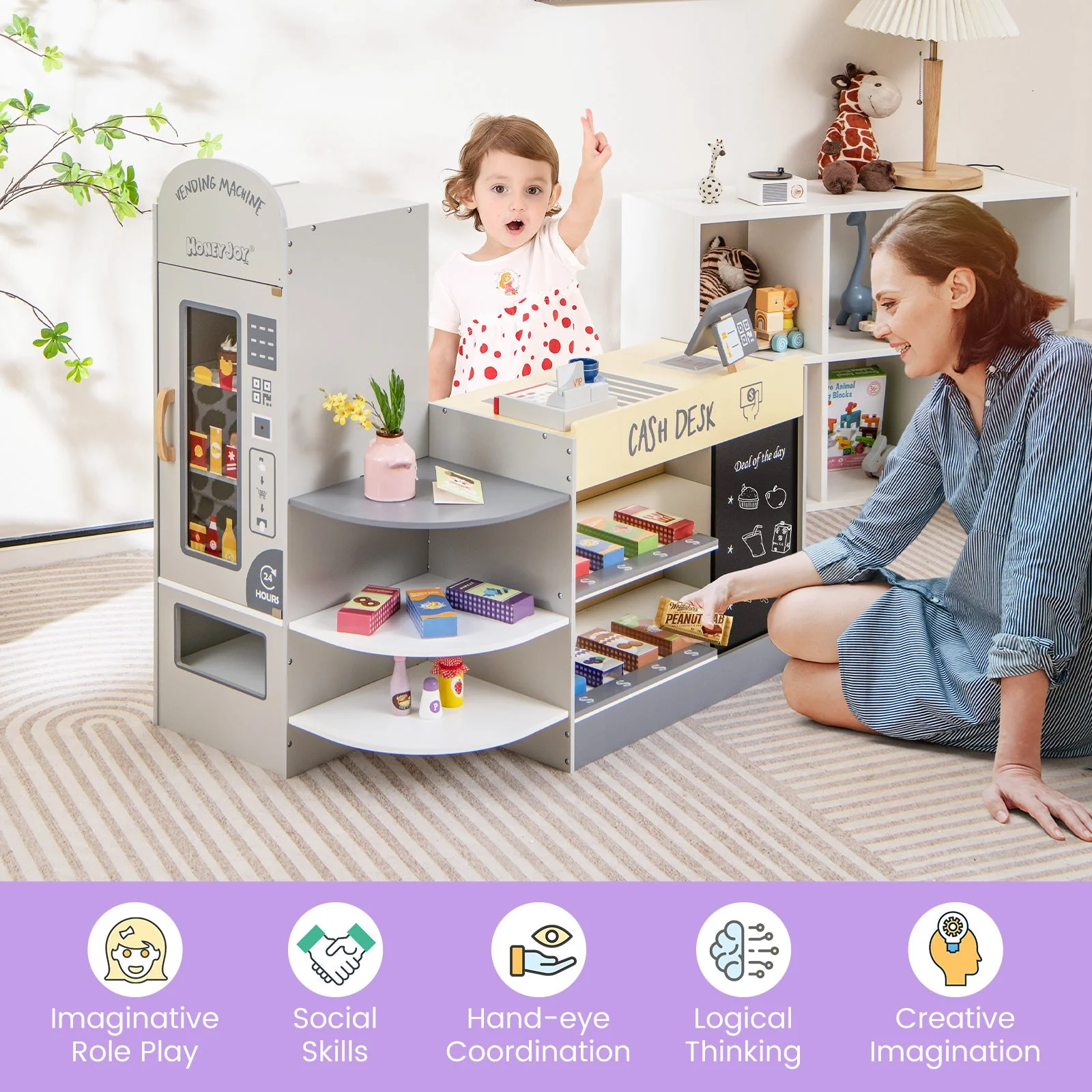 Kids Grocery Store Playset with Cash Register POS Machine-Gray - Image 2