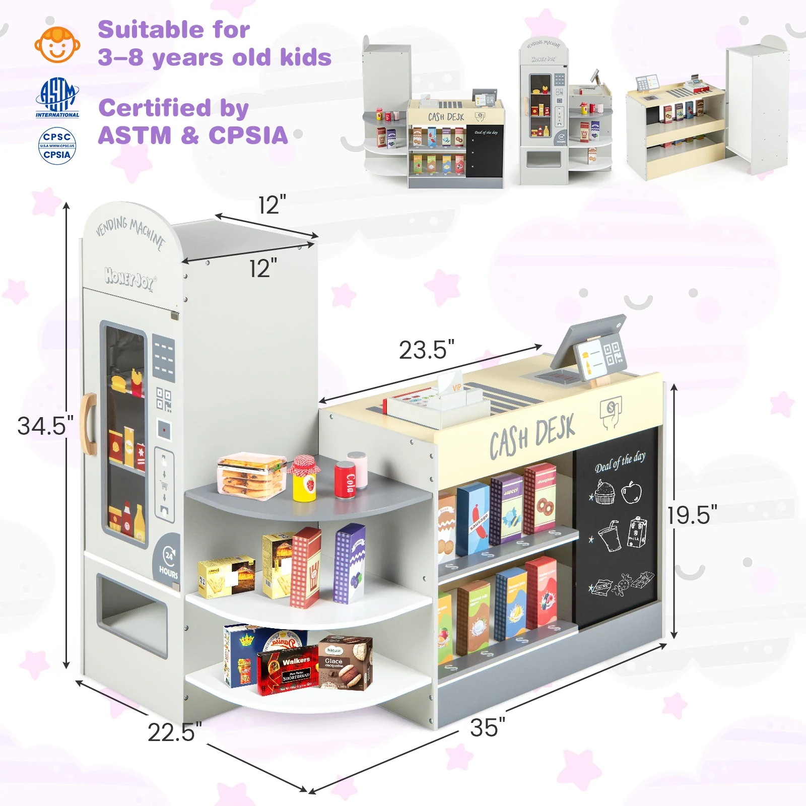 Kids Grocery Store Playset with Cash Register POS Machine-Gray - Image 4