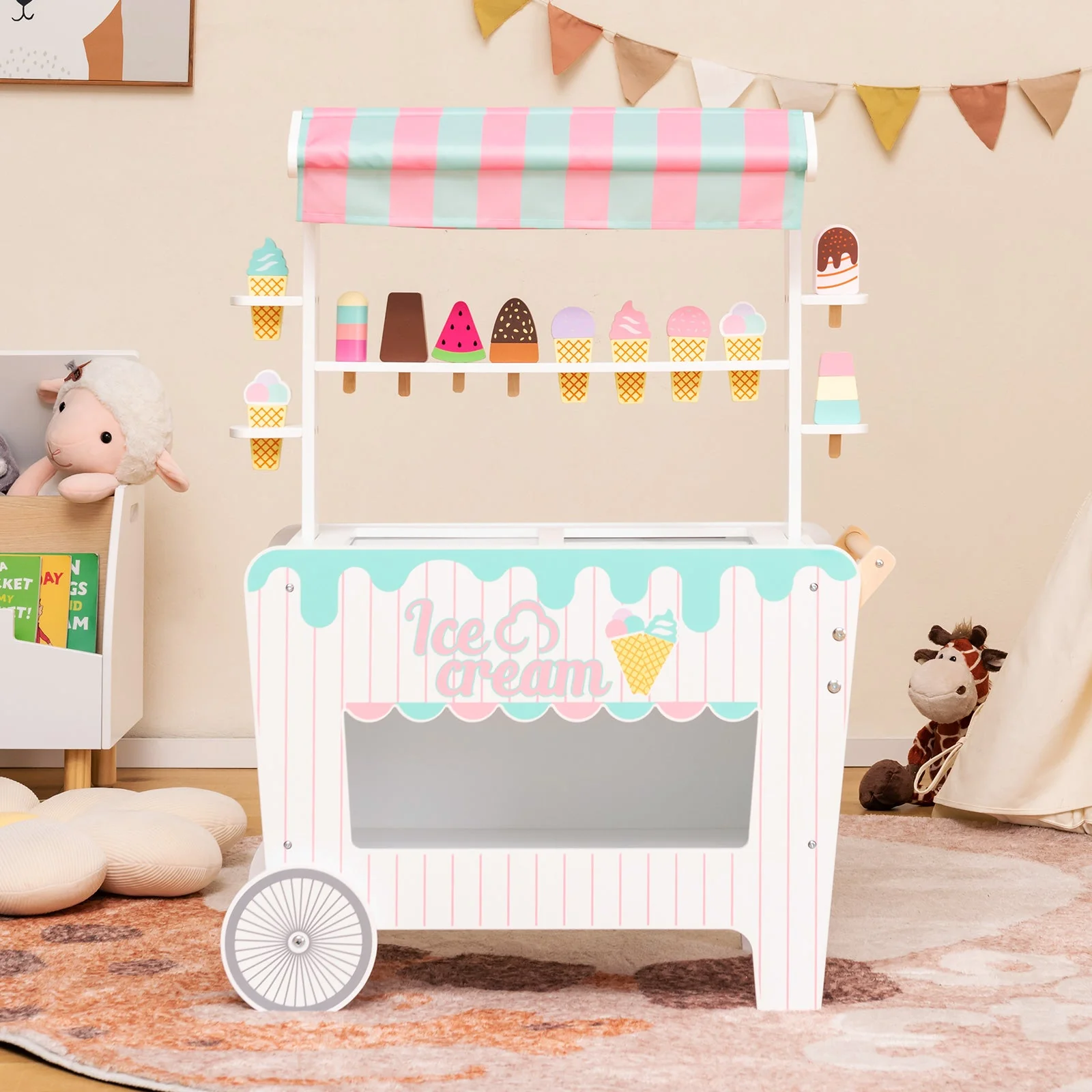 Kids Ice Cream Cart Playset with Display Rack and Accessories - Image 2
