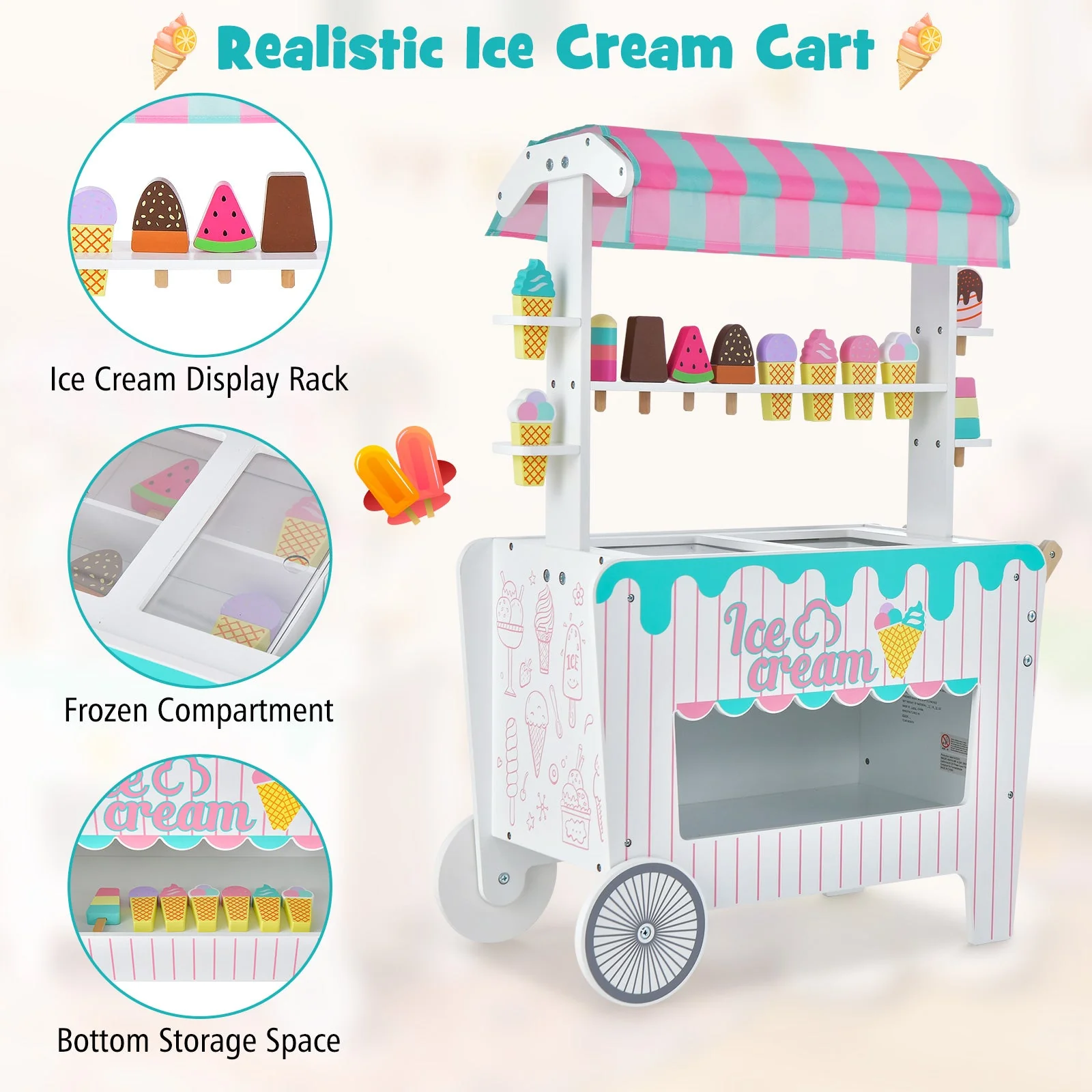 Kids Ice Cream Cart Playset with Display Rack and Accessories - Image 6